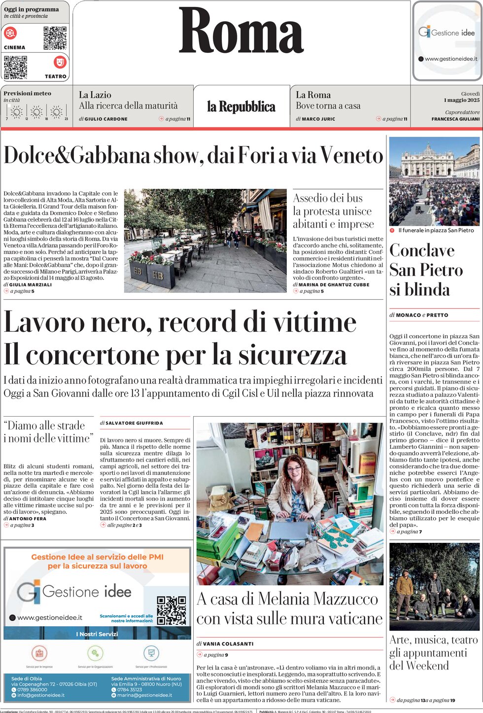 Prima Pagina La Repubblica (Roma) 01/05/2025