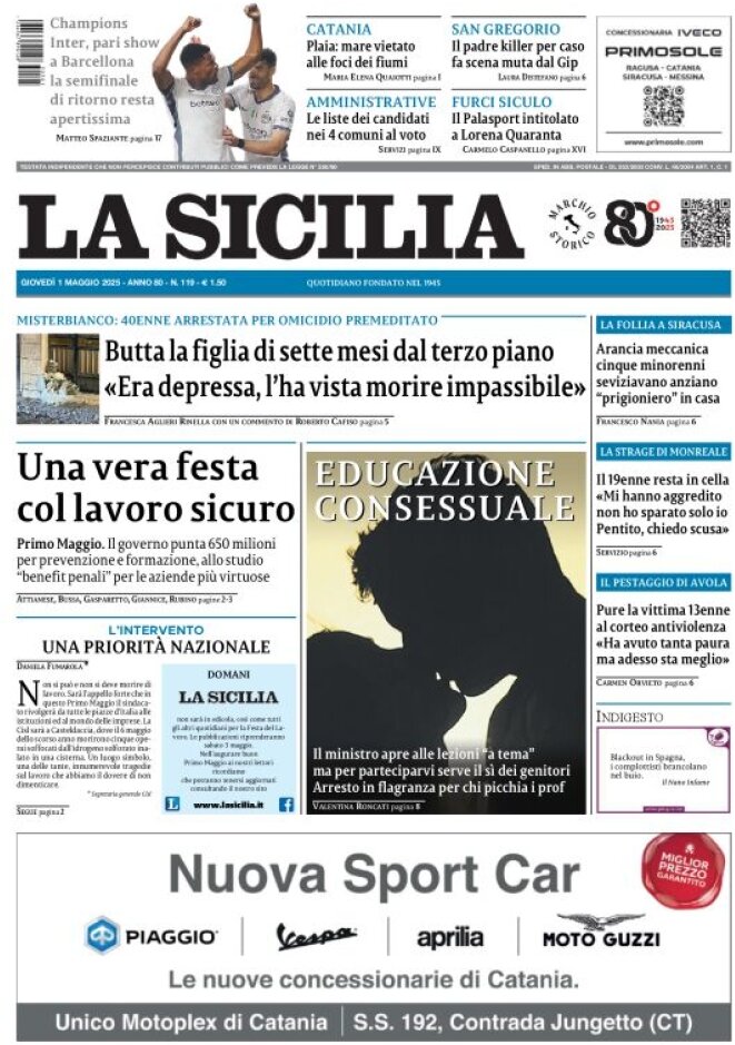 Prima Pagina La Sicilia 01/05/2025