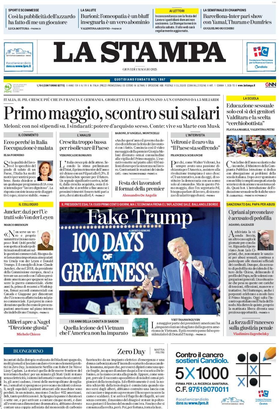 Prima Pagina La Stampa 01/05/2025