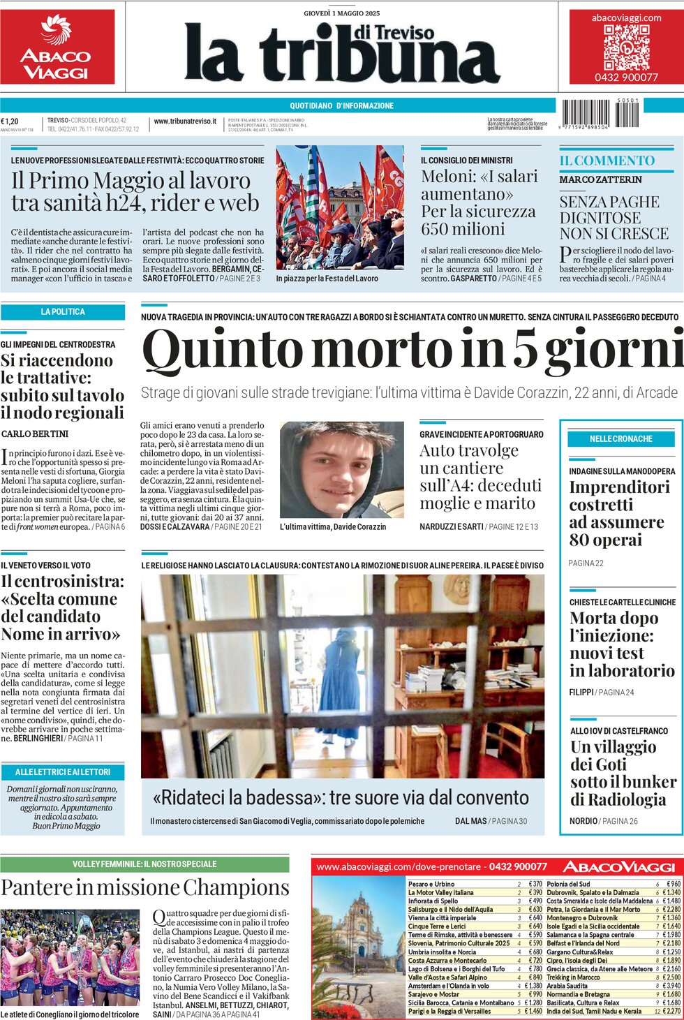 Prima Pagina La Tribuna di Treviso 01/05/2025