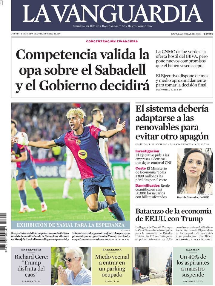 Prima Pagina La Vanguardia 01/05/2025