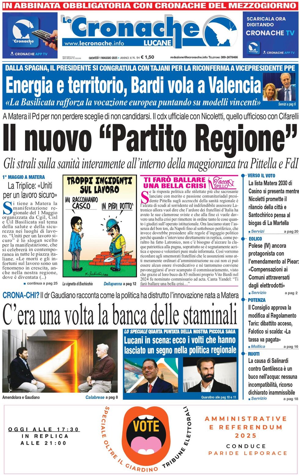 Prima Pagina Le Cronache Lucane 01/05/2025