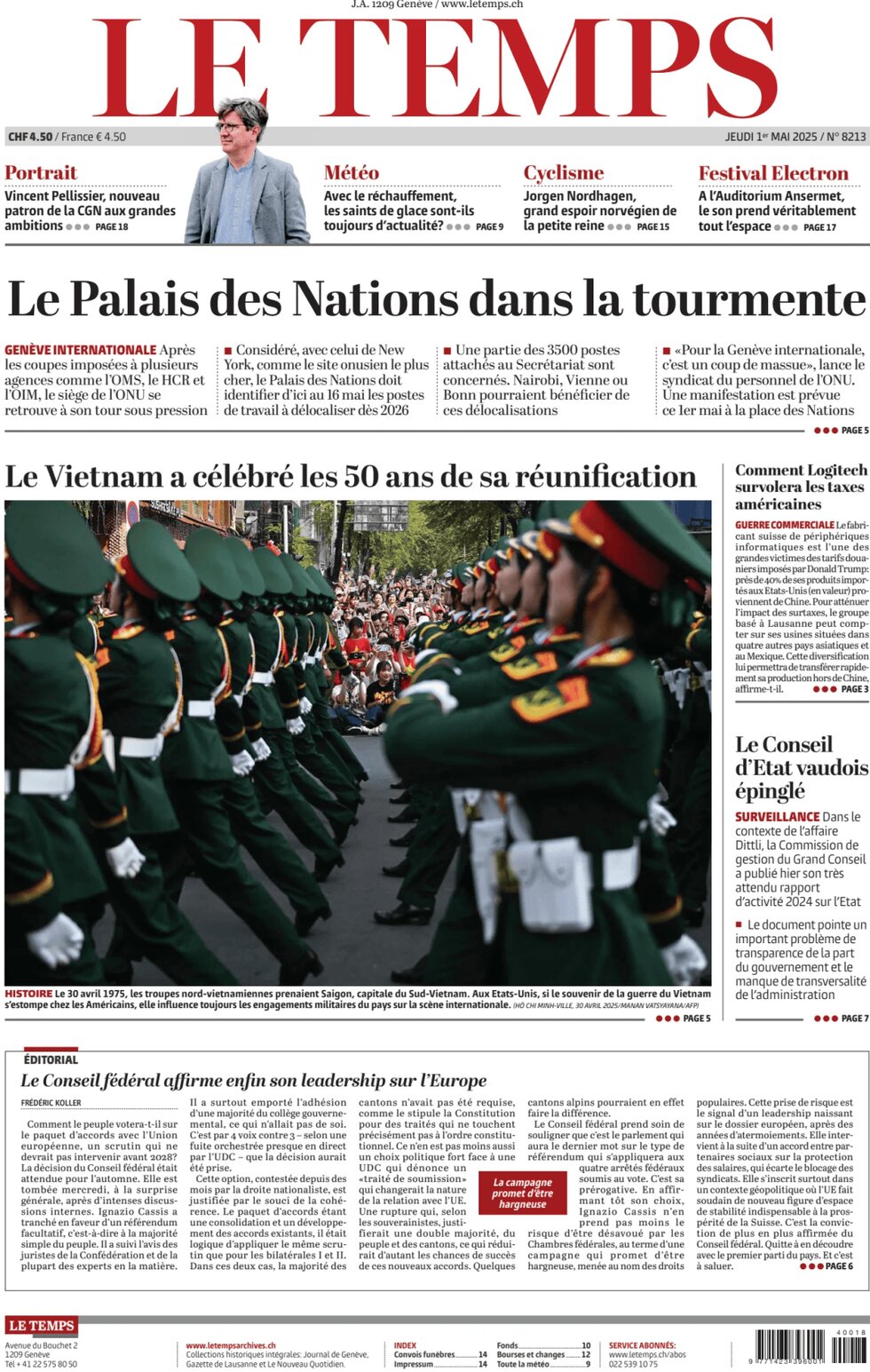 Prima Pagina Le Temps 01/05/2025