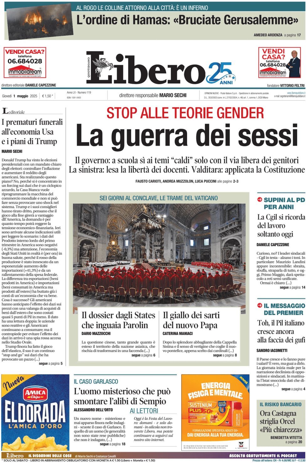 Prima Pagina Libero Quotidiano 01/05/2025