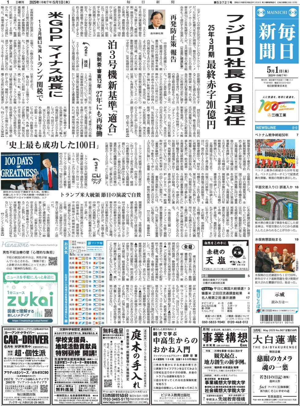 Prima Pagina Mainichi Shinbun 01/05/2025