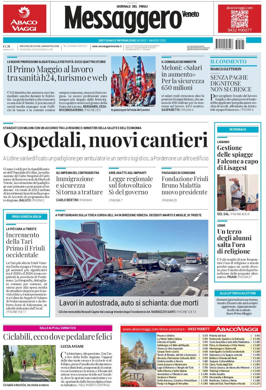 Prima Pagina Messaggero Veneto (Udine) 01/05/2025