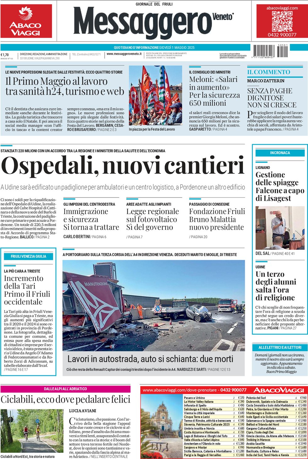 Prima Pagina Messaggero Veneto (Gorizia) 01/05/2025