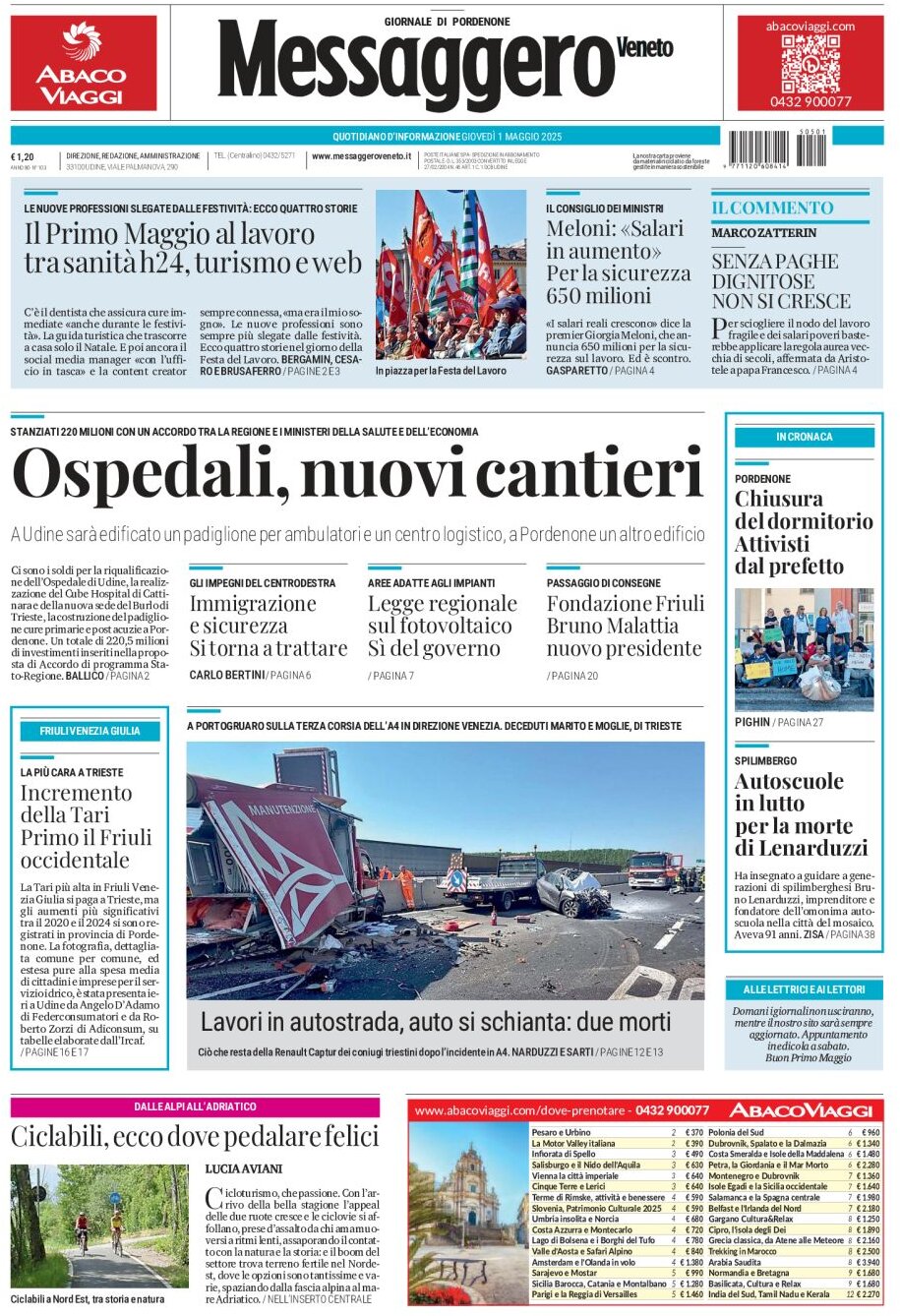Prima Pagina Messaggero Veneto (Pordenone) 01/05/2025