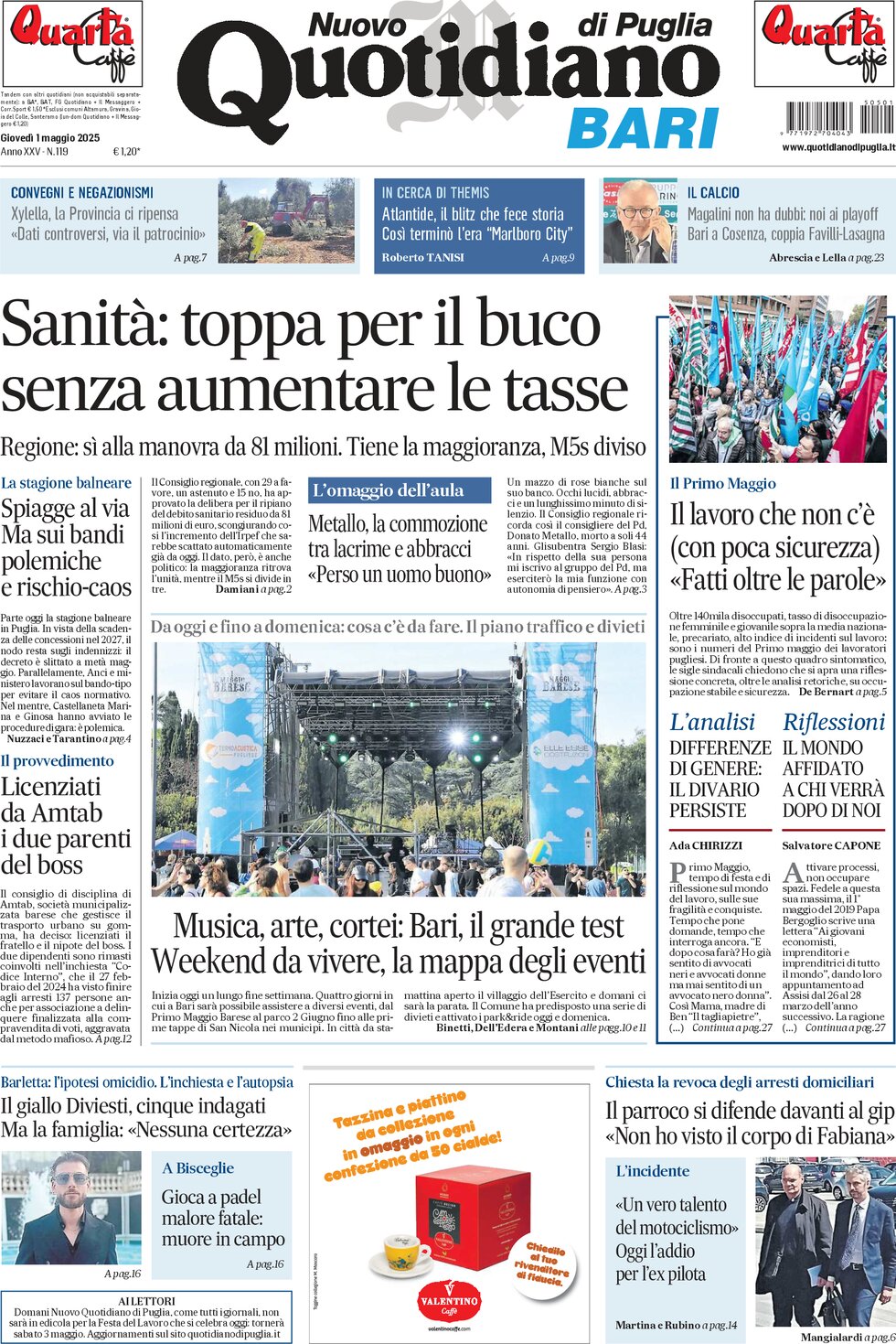 Prima Pagina Nuovo Quotidiano di Puglia (Bari) 01/05/2025