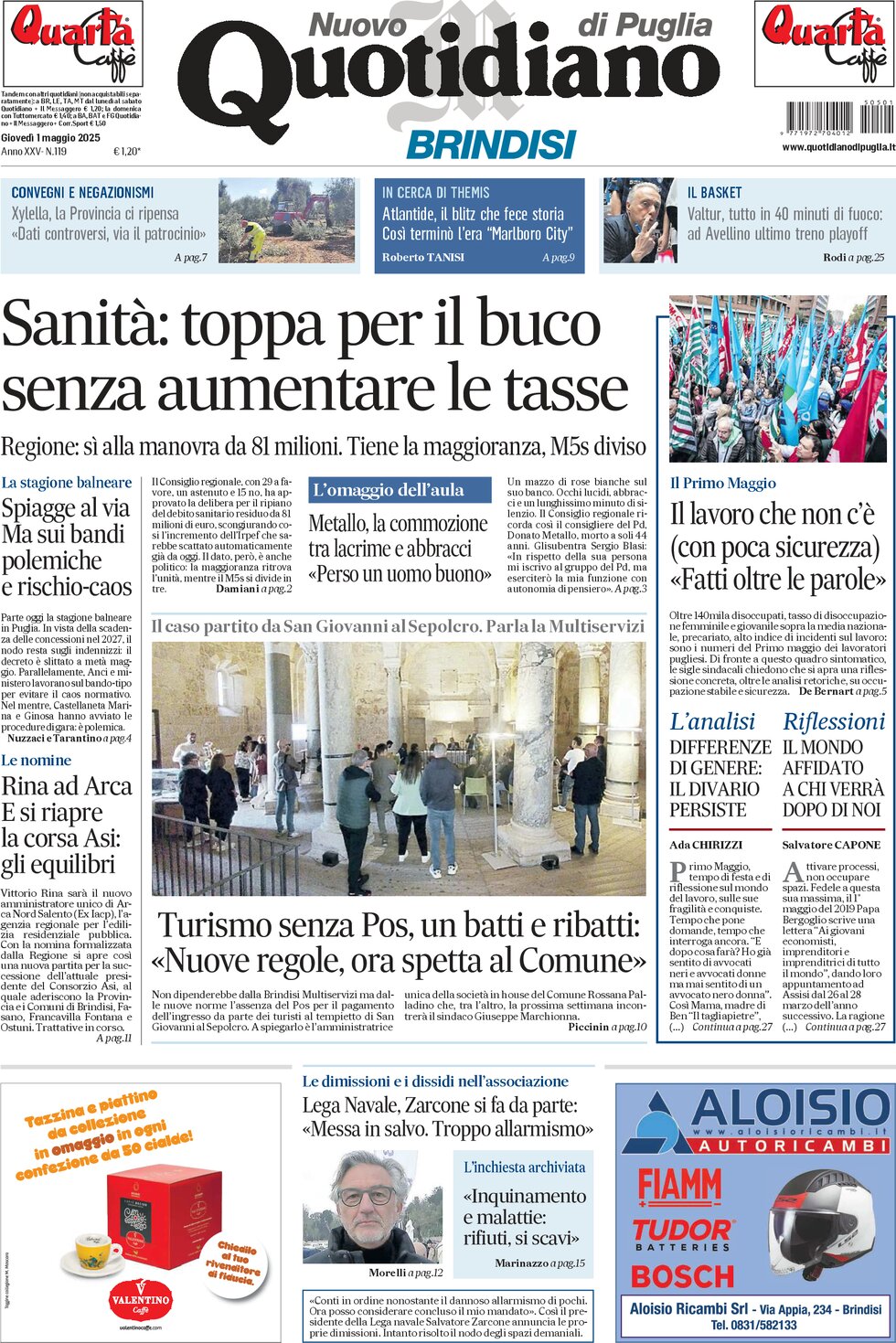 Prima Pagina Nuovo Quotidiano di Puglia (Brindisi) 01/05/2025