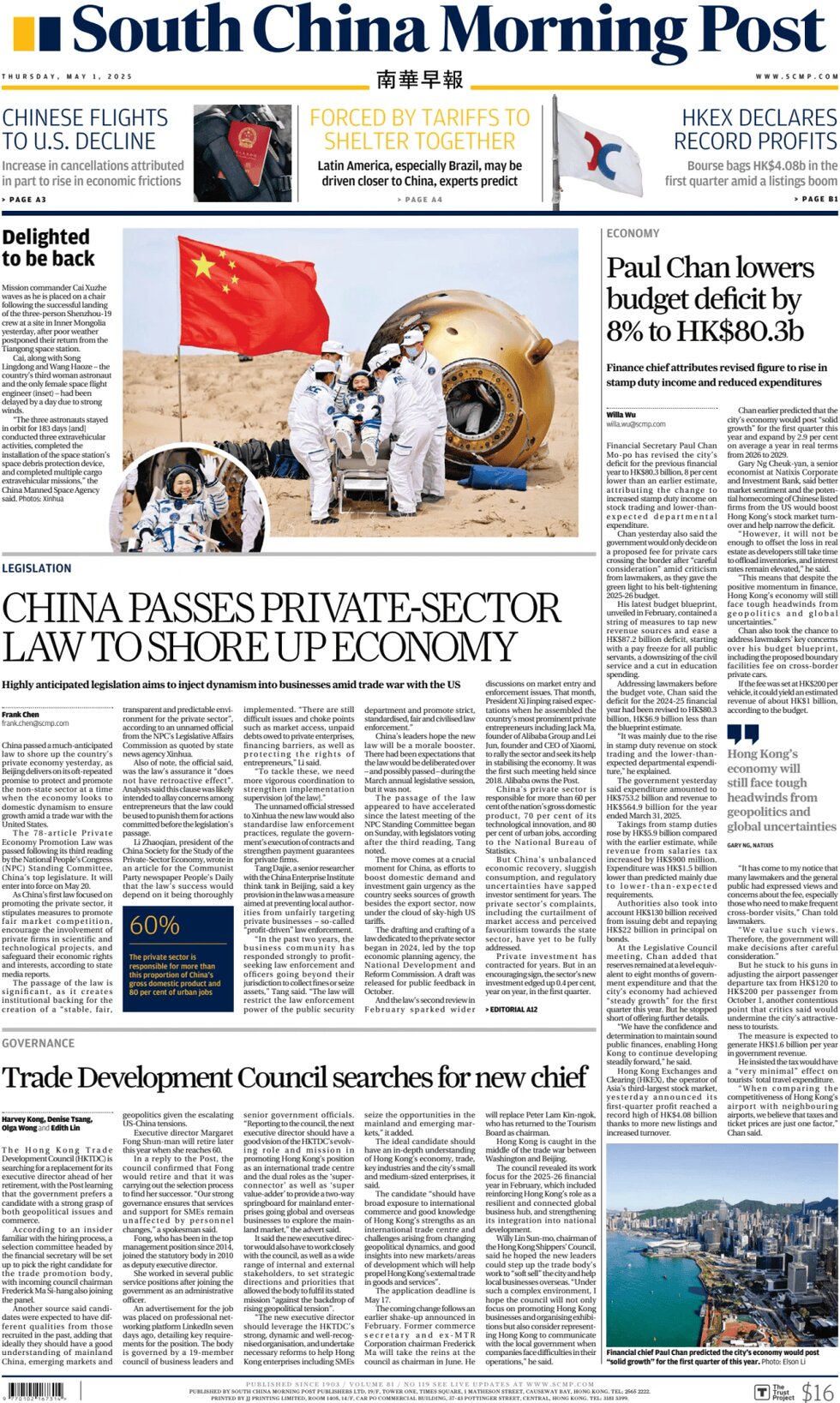 Prima Pagina South China Morning Post 01/05/2025