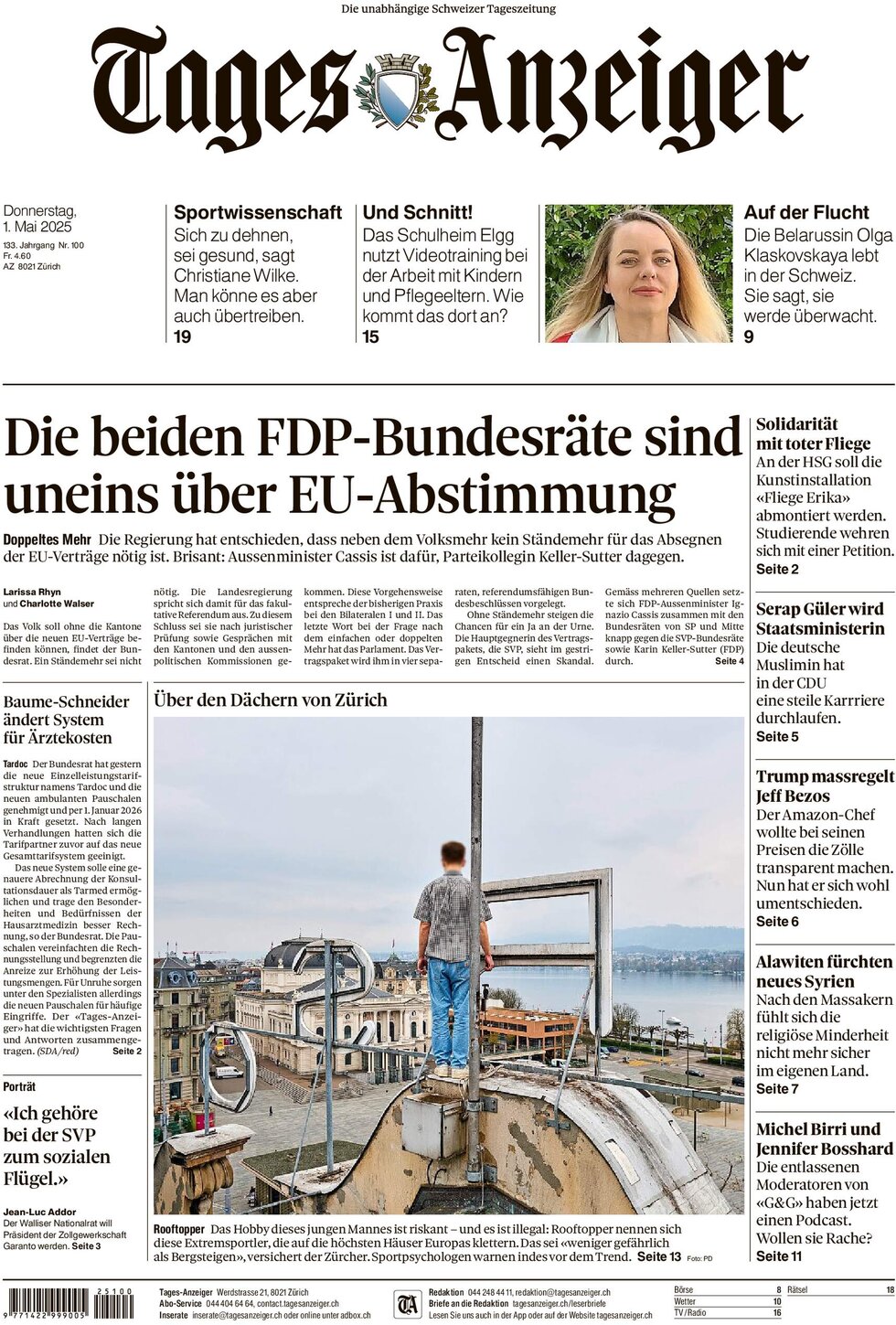 Prima Pagina Tages-Anzeiger (Tagi TA) 01/05/2025