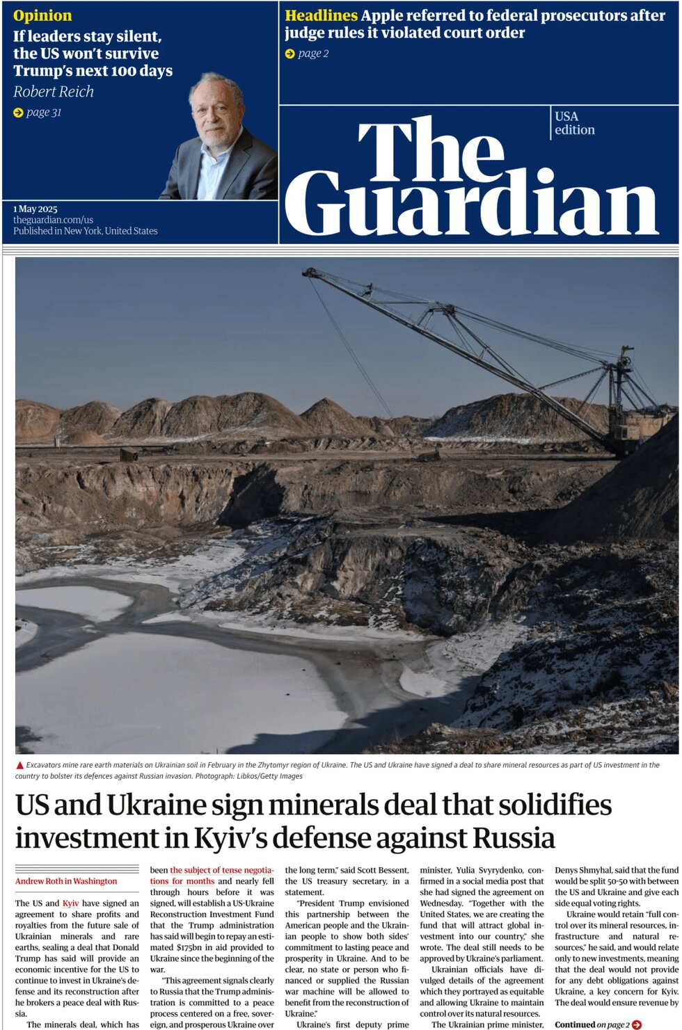 Prima Pagina The Guardian US 01/05/2025