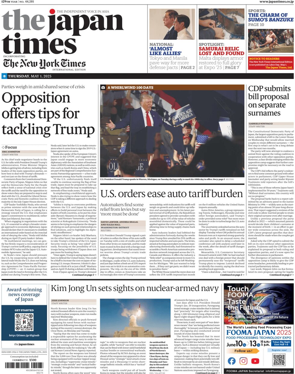 Prima Pagina The Japan Times 01/05/2025