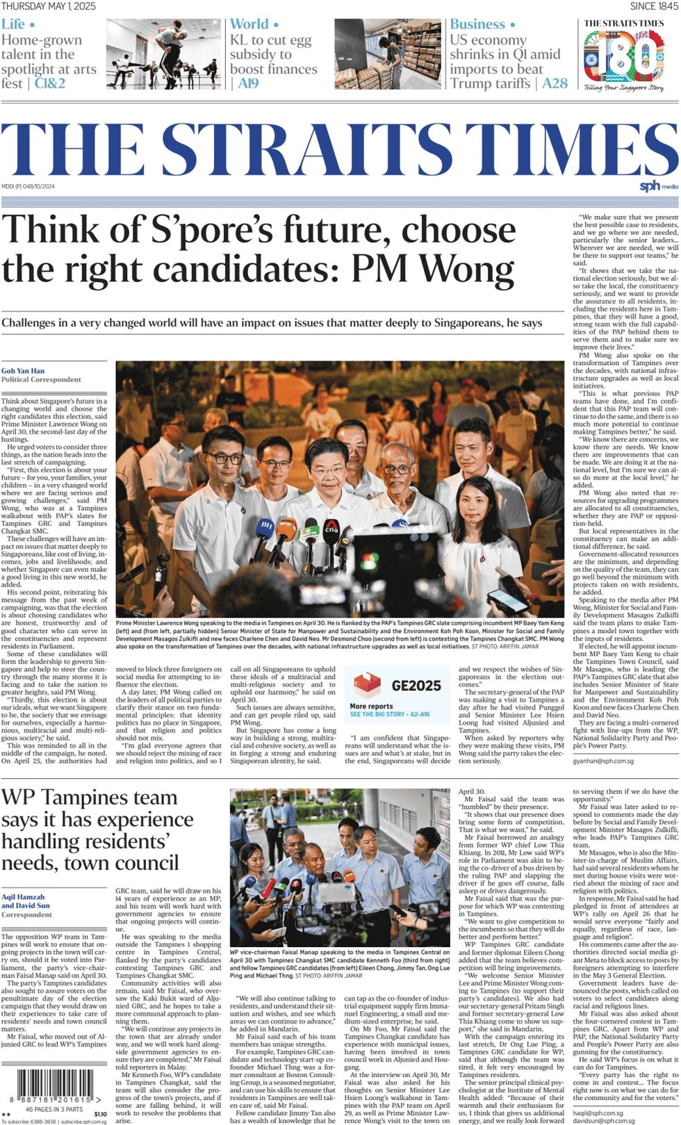 Prima Pagina The Straits Times 01/05/2025
