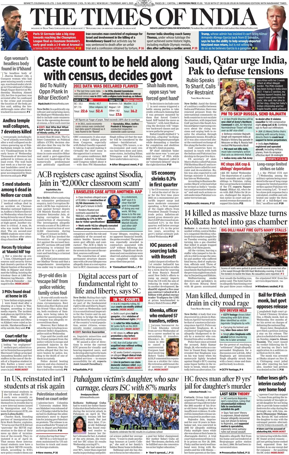 Prima Pagina The Times of India 01/05/2025