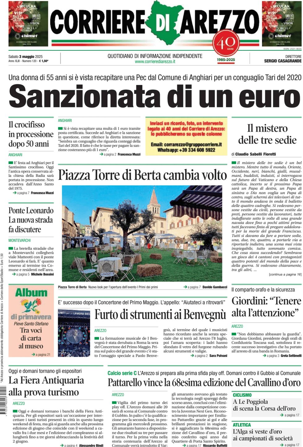 Prima Pagina Corriere di Arezzo 03/05/2025