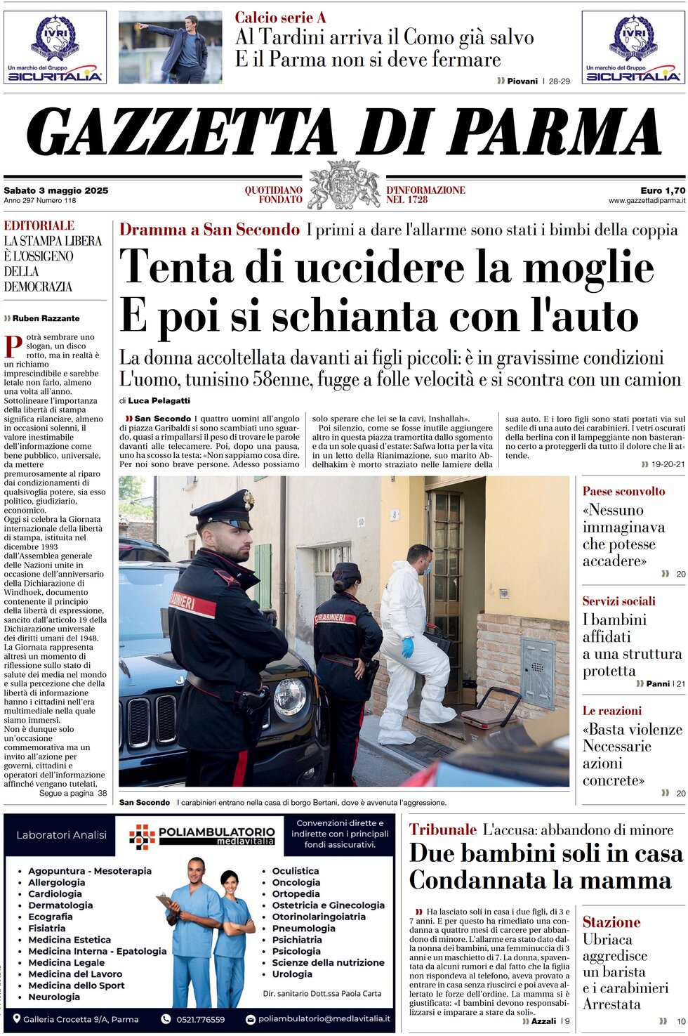 Prima Pagina Gazzetta di Parma 03/05/2025