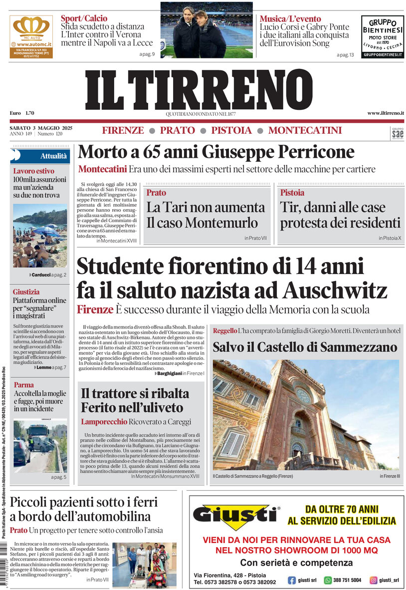 Prima Pagina Il Tirreno (Firenze, Prato, Pistoia, Montecatini) 03/05/2025