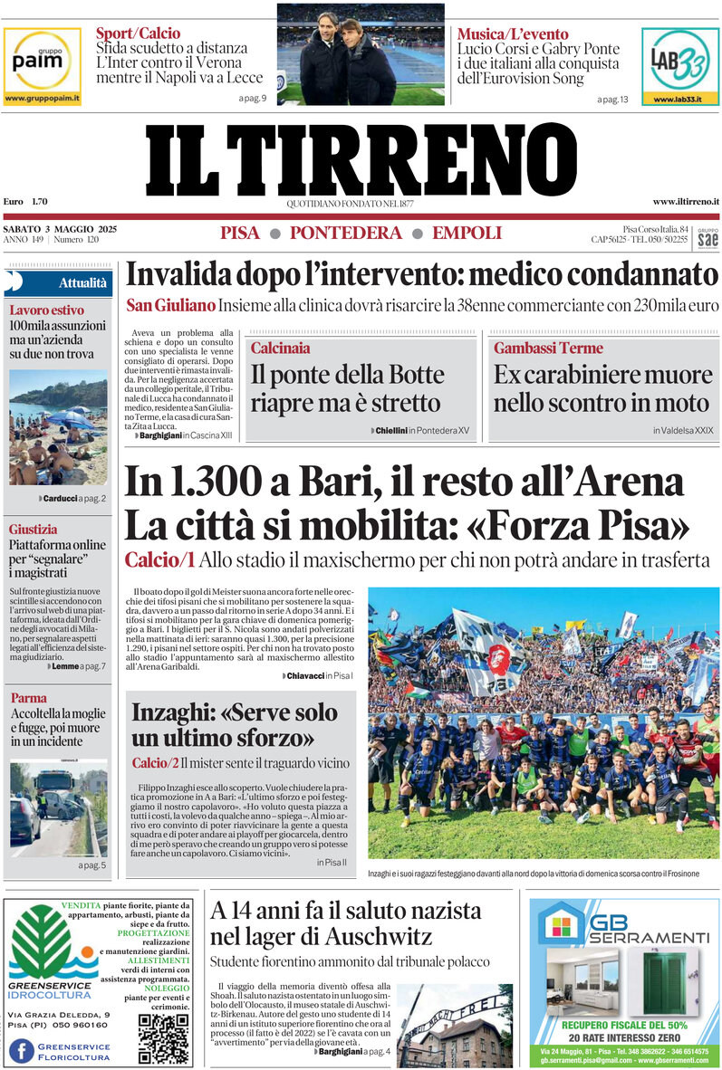 Prima Pagina Il Tirreno (Pisa, Pontedera) 03/05/2025