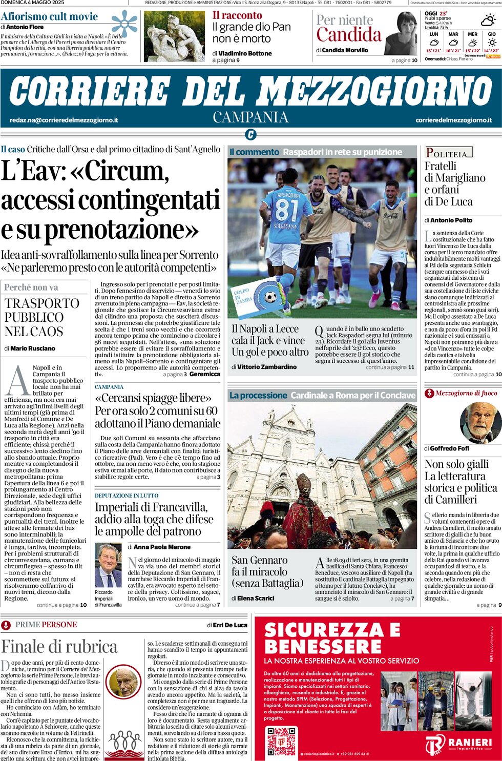 Prima Pagina Corriere del Mezzogiorno (Campania) 04/05/2025
