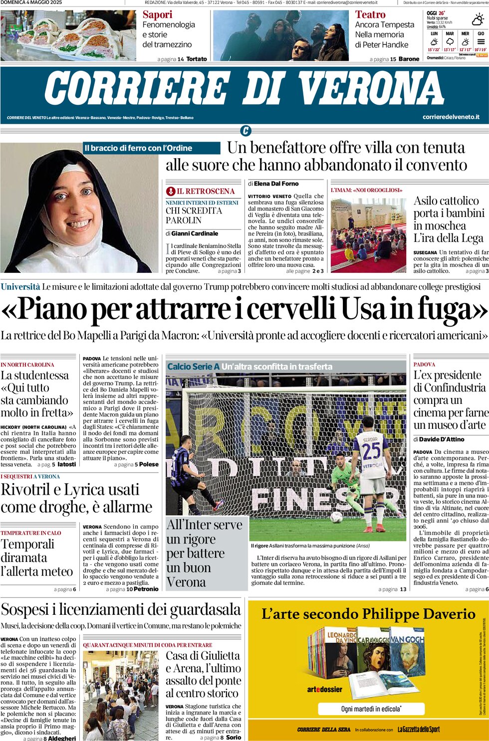Prima Pagina Corriere di Verona 04/05/2025