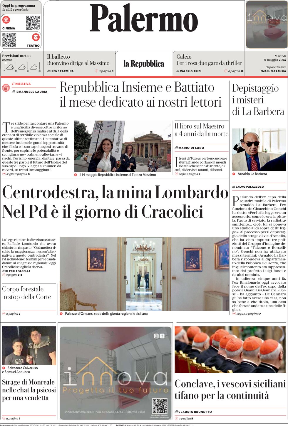 Prima Pagina La Repubblica (Palermo) 06/05/2025