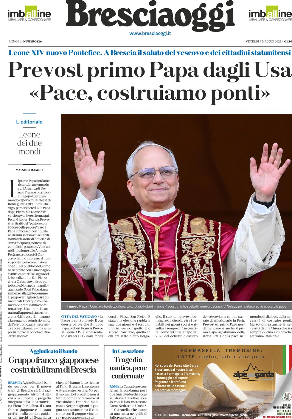 Prima Pagina Brescia Oggi 09/05/2025