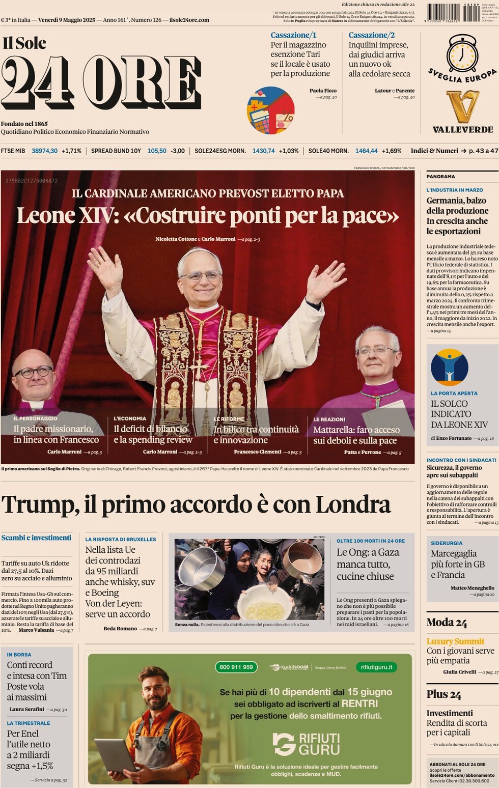 Prima Pagina Il Sole 24 Ore 09/05/2025
