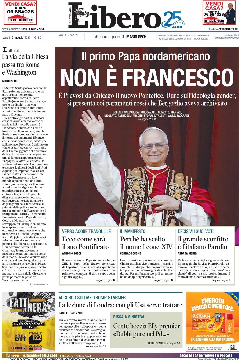 Prima Pagina Libero Quotidiano 09/05/2025