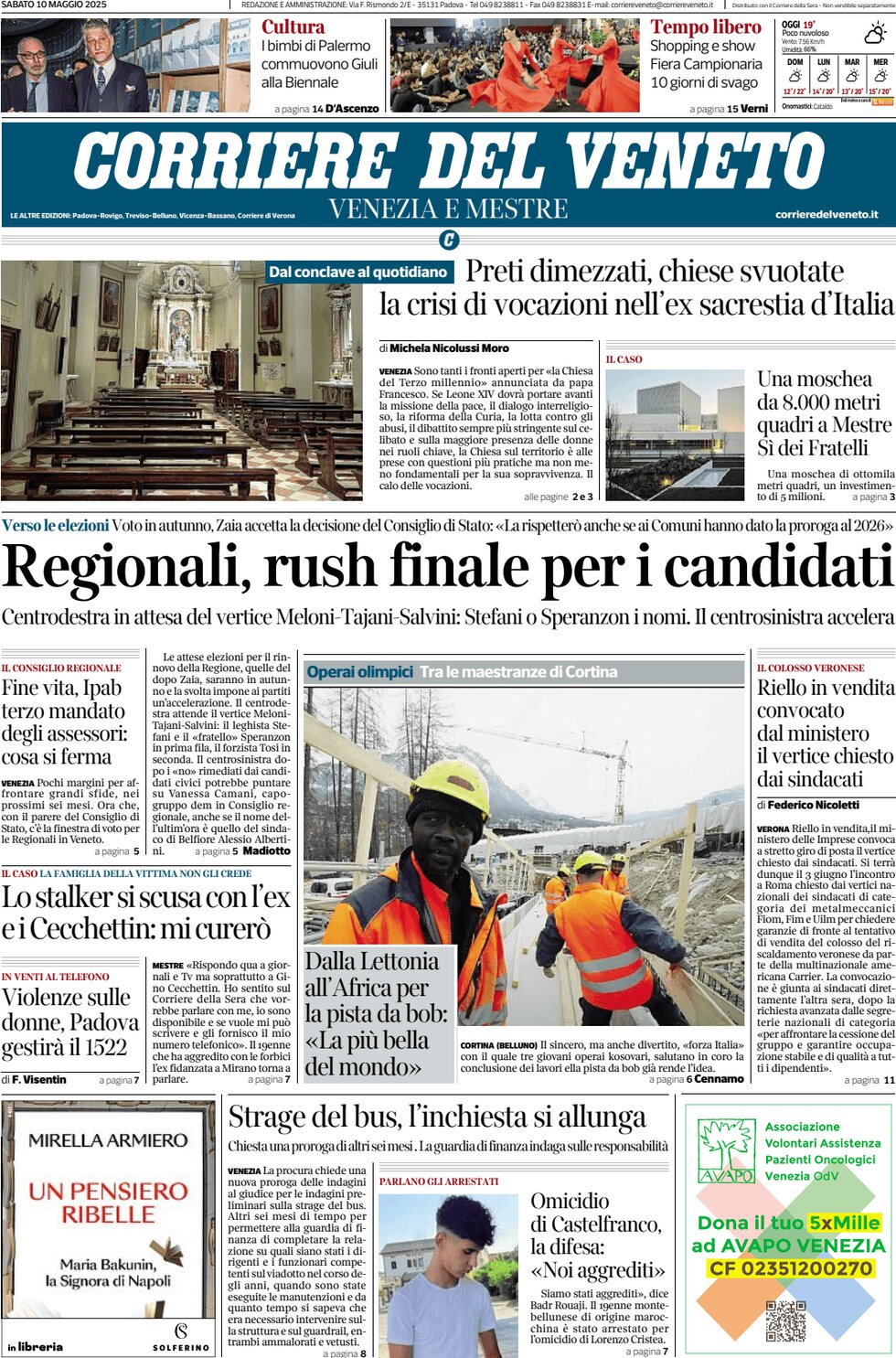 Prima Pagina Corriere del Veneto 10/05/2025