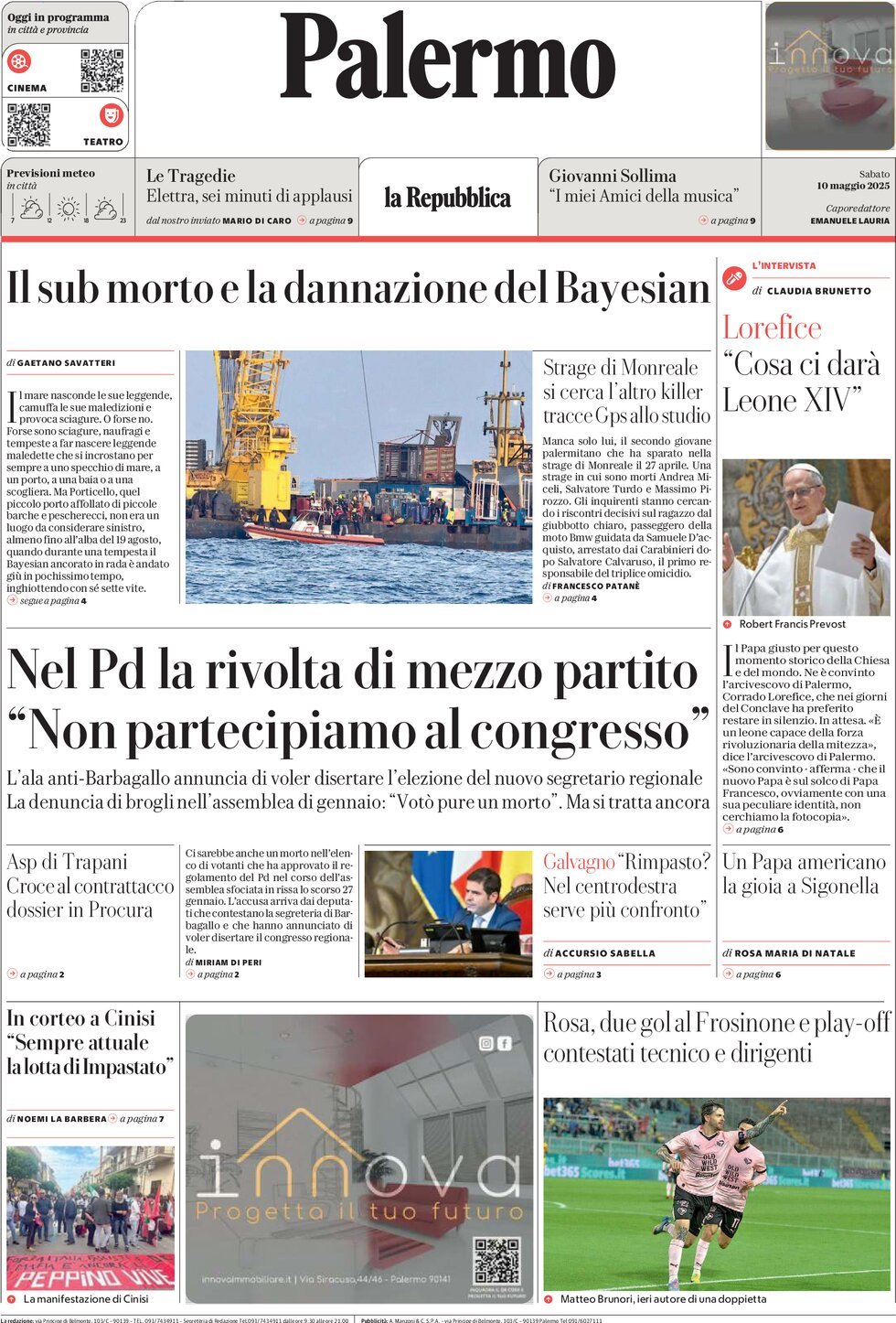Prima Pagina La Repubblica (Palermo) 10/05/2025