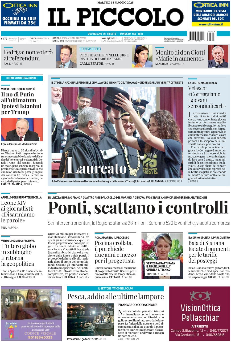 Prima Pagina Il Piccolo (Trieste) 13/05/2025