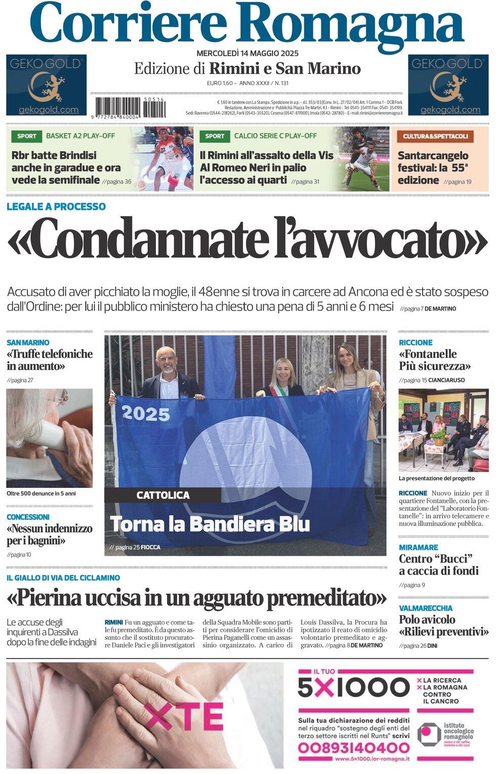 Prima Pagina Corriere Romagna (Rimini e San Marino) 14/05/2025