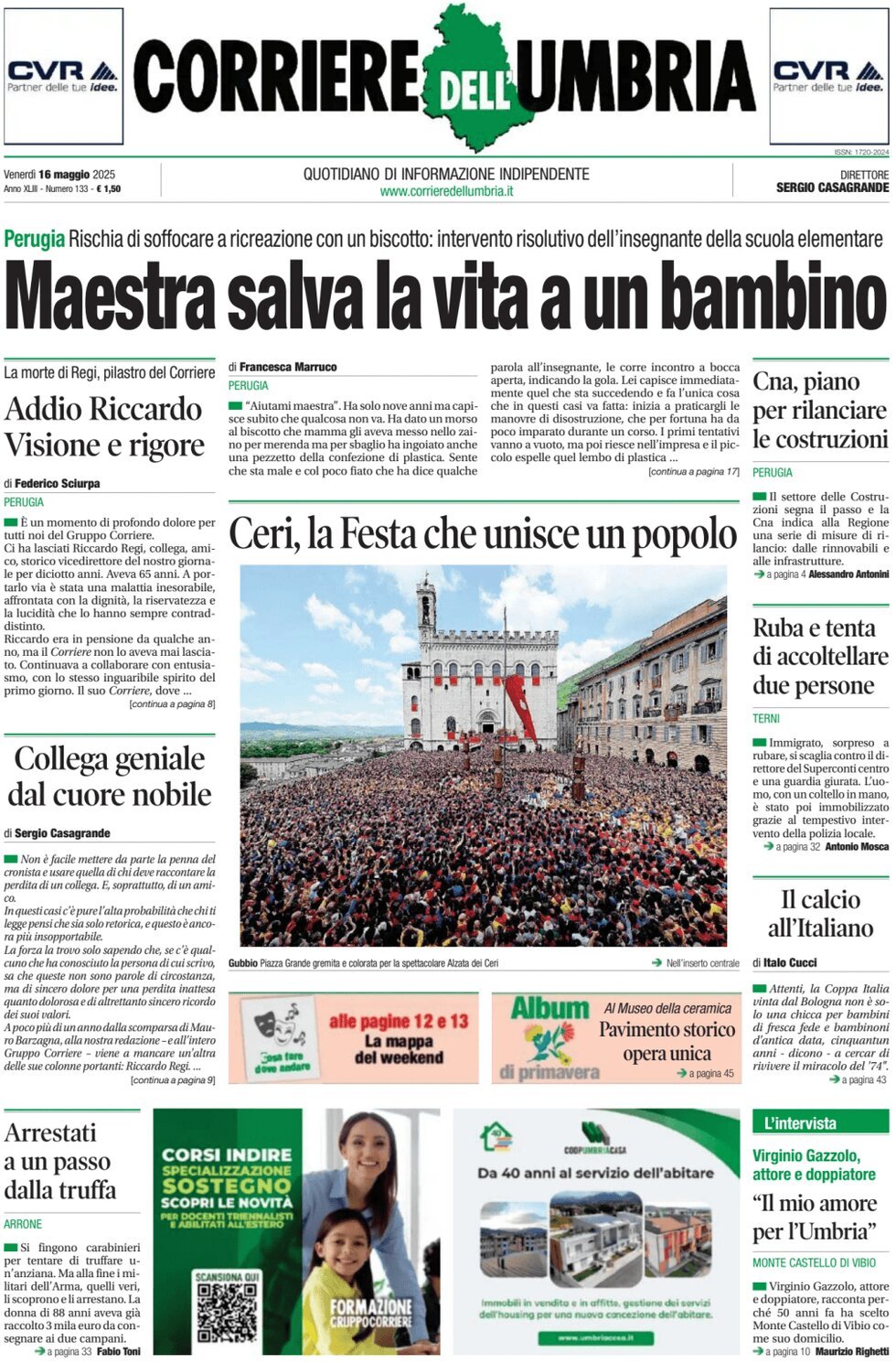 Prima Pagina Corriere dell'Umbria 16/05/2025