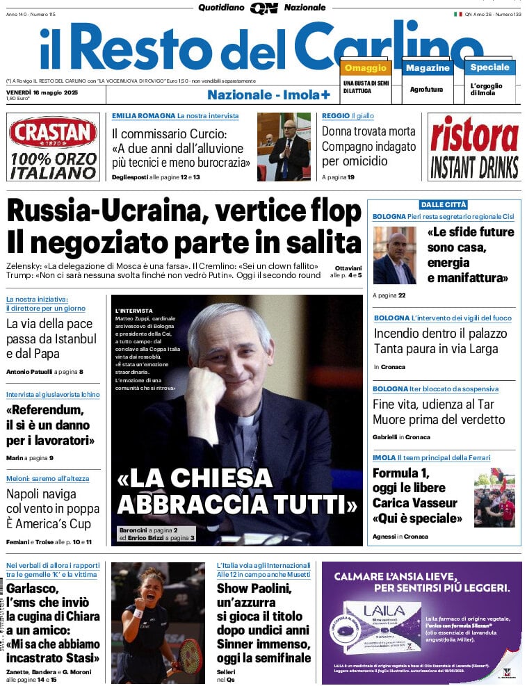 Prima Pagina Il Resto del Carlino 16/05/2025
