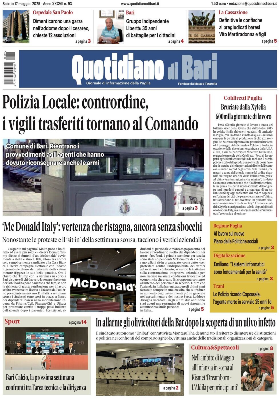 Prima Pagina Quotidiano di Bari 17/05/2025