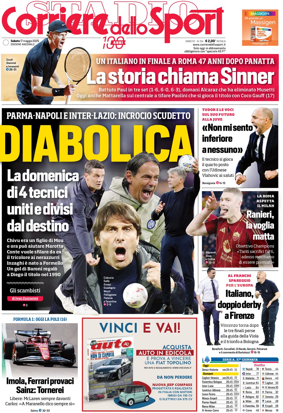 Prima Pagina Corriere dello Sport 17/05/2025