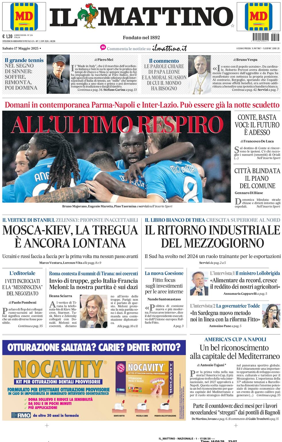 Prima Pagina Il Mattino 17/05/2025