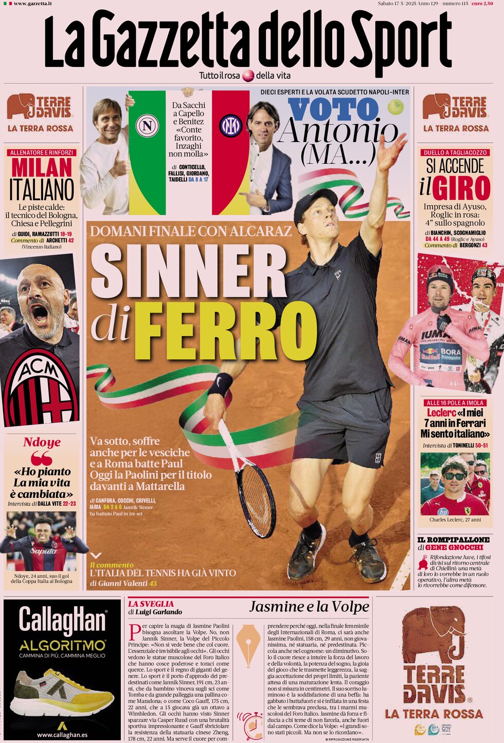 Prima Pagina La Gazzetta dello Sport 17/05/2025