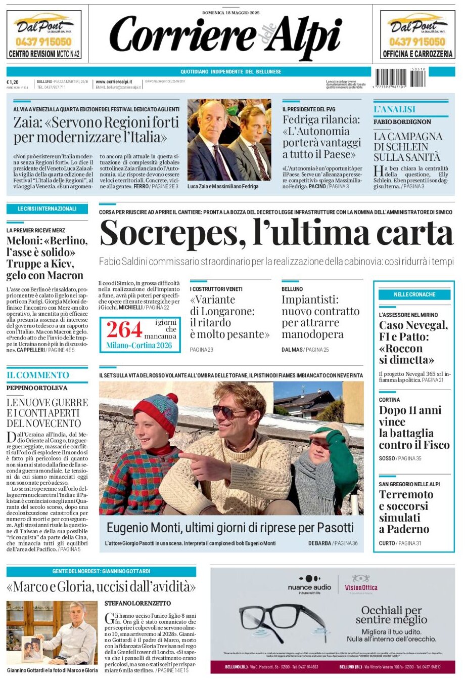 Prima Pagina Corriere delle Alpi (Belluno) 18/05/2025