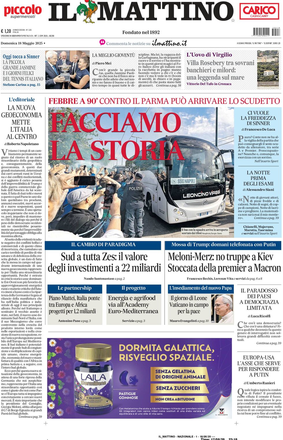 Prima Pagina Il Mattino 18/05/2025