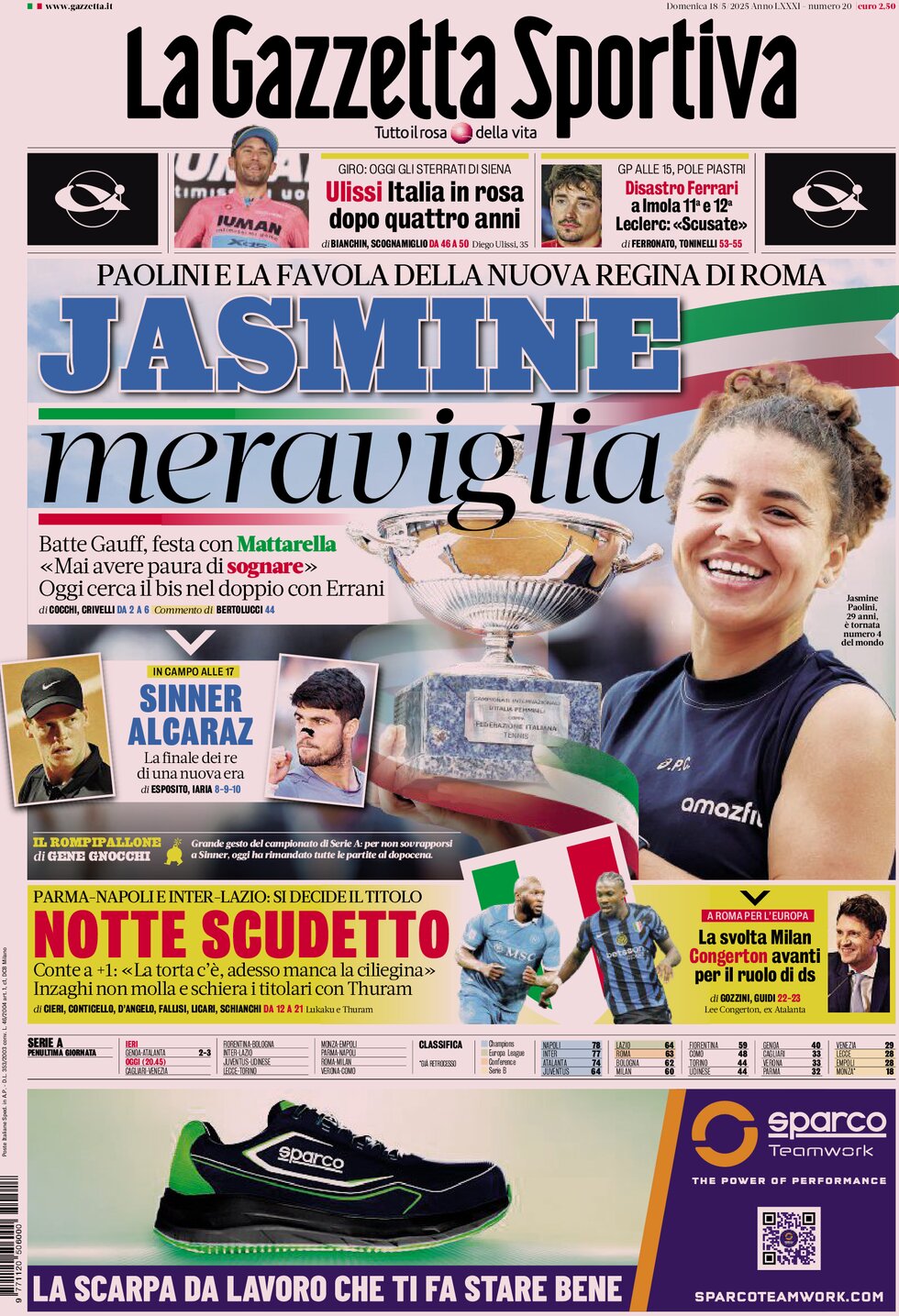 Prima Pagina La Gazzetta dello Sport 18/05/2025