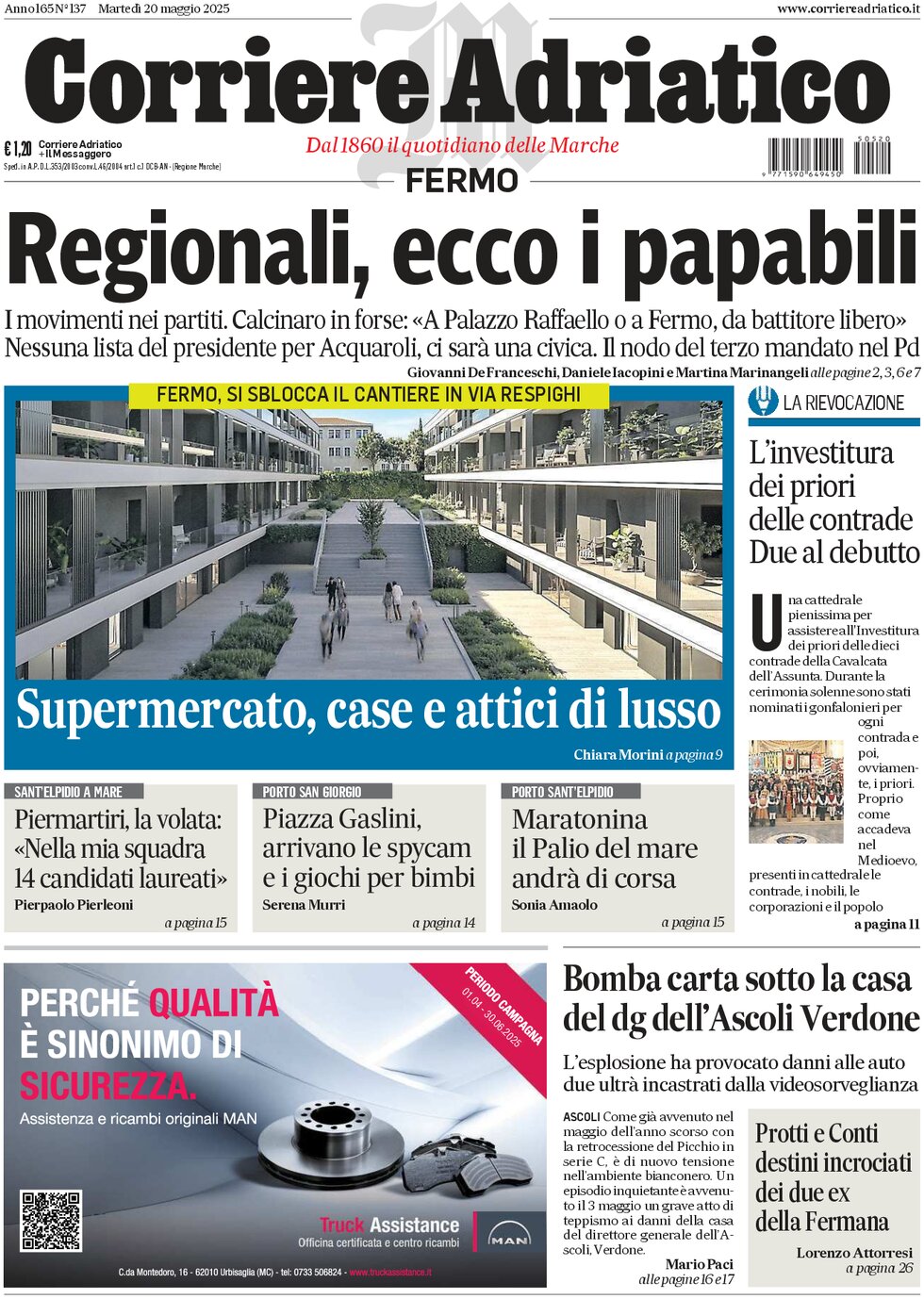 Prima Pagina Corriere Adriatico (Fermo) 20/05/2025