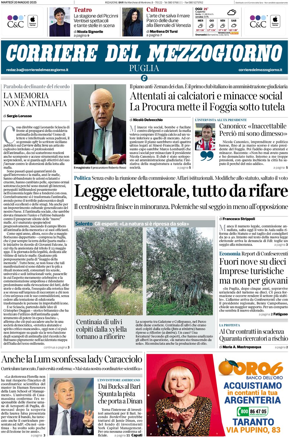 Prima Pagina Corriere del Mezzogiorno (Puglia) 20/05/2025