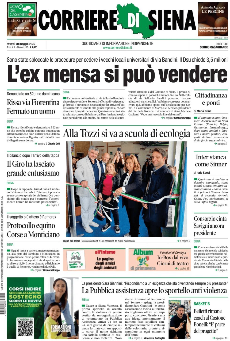 Prima Pagina Corriere di Siena 20/05/2025