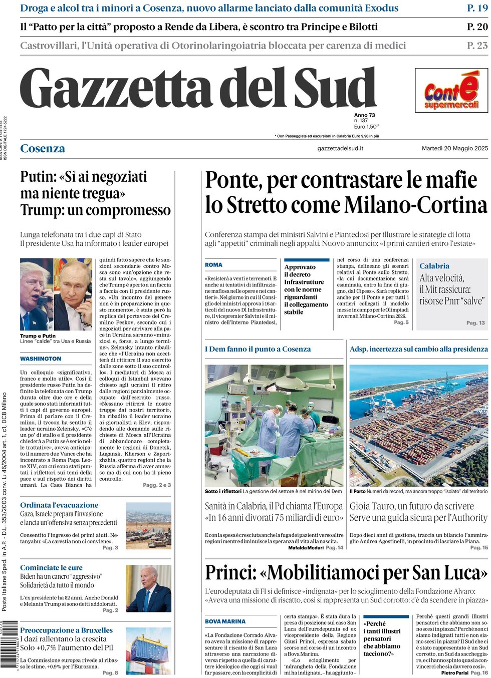 Prima Pagina Gazzetta del Sud (Cosenza) 20/05/2025