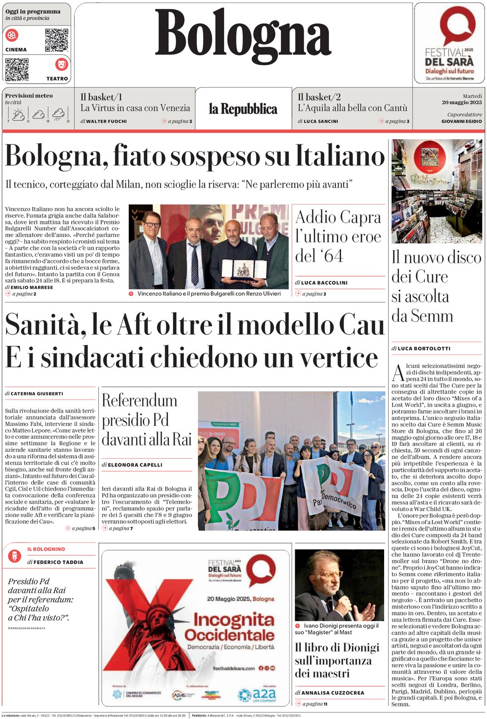 Prima Pagina La Repubblica (Bologna) 20/05/2025