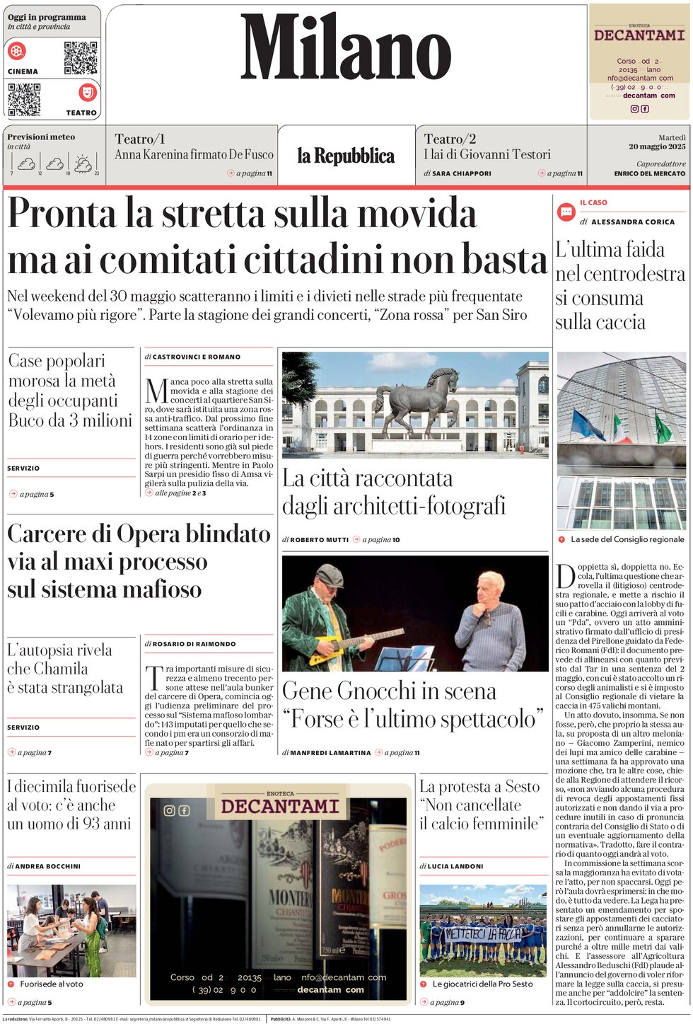 Prima Pagina La Repubblica (Milano) 20/05/2025