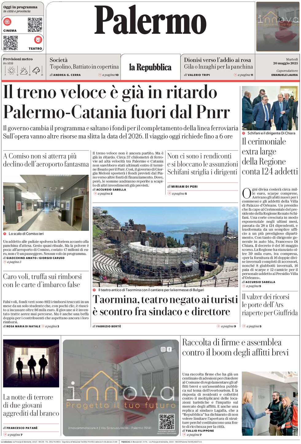 Prima Pagina La Repubblica (Palermo) 20/05/2025